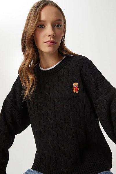 Ayıcık İşlemeli Saç Örgülü Triko Kazak