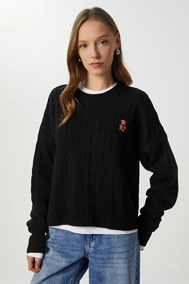 Ayıcık İşlemeli Saç Örgülü Triko Kazak