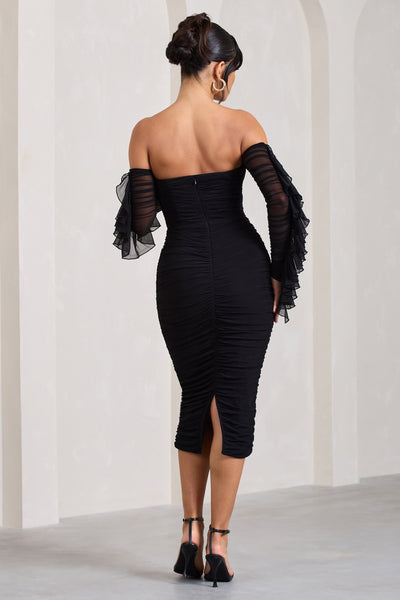 Siyah Büzgülü Bardot Midi Elbise