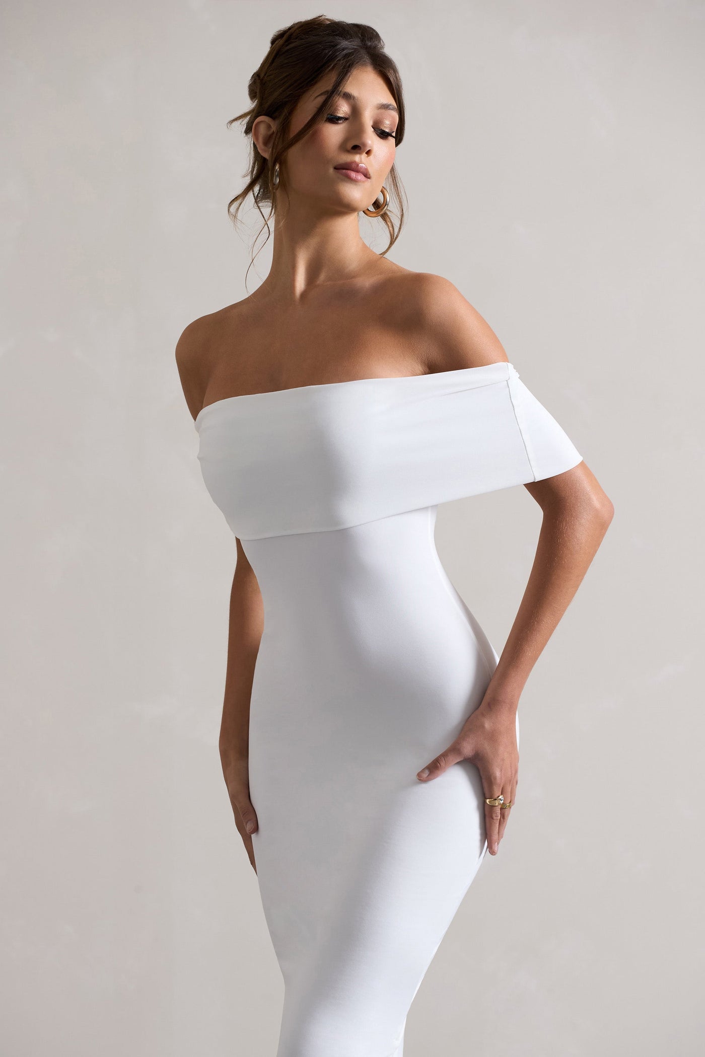 Averie | Beyaz Bodycon Bardot Midi Elbise