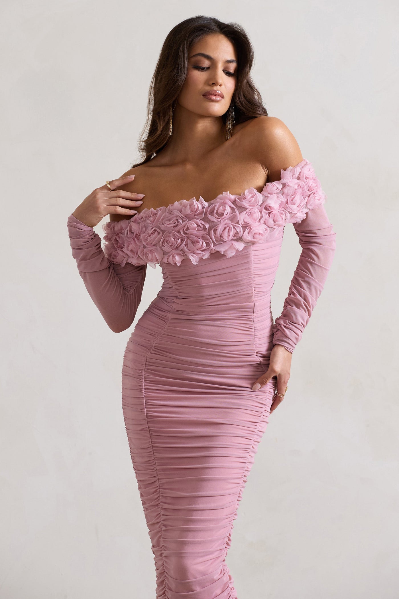 Pembe Dantel Bardot Midi Elbise