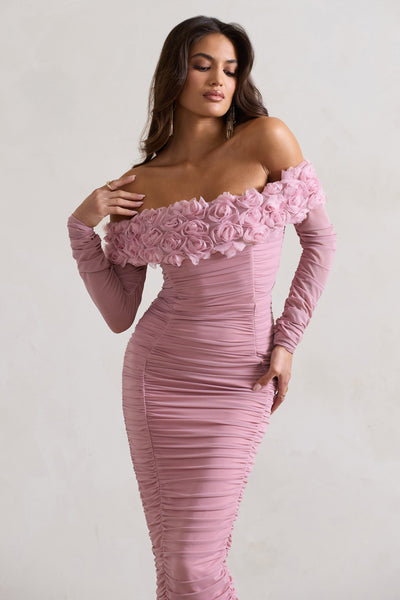 Pembe Dantel Bardot Midi Elbise